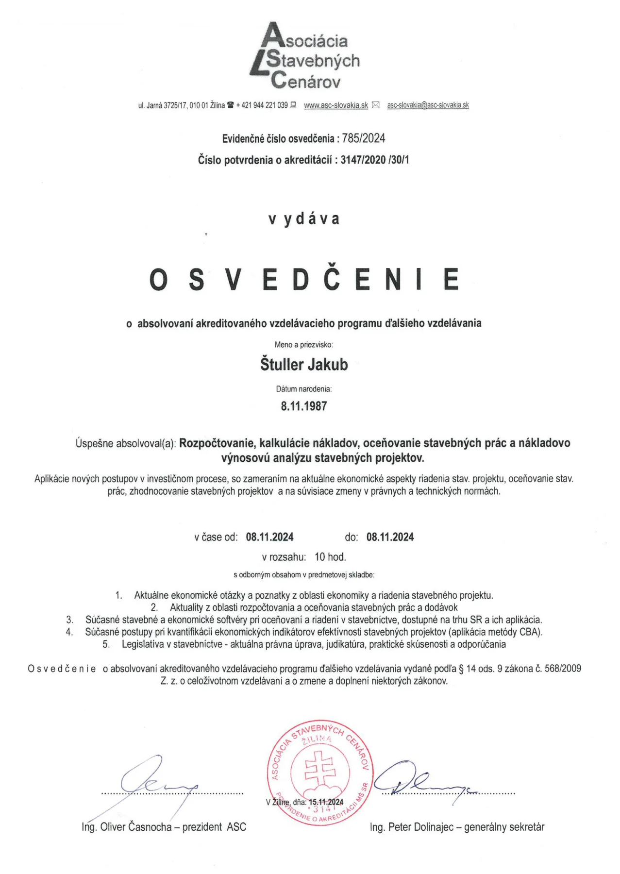 Osved4enie asociácie stavebných cenárov